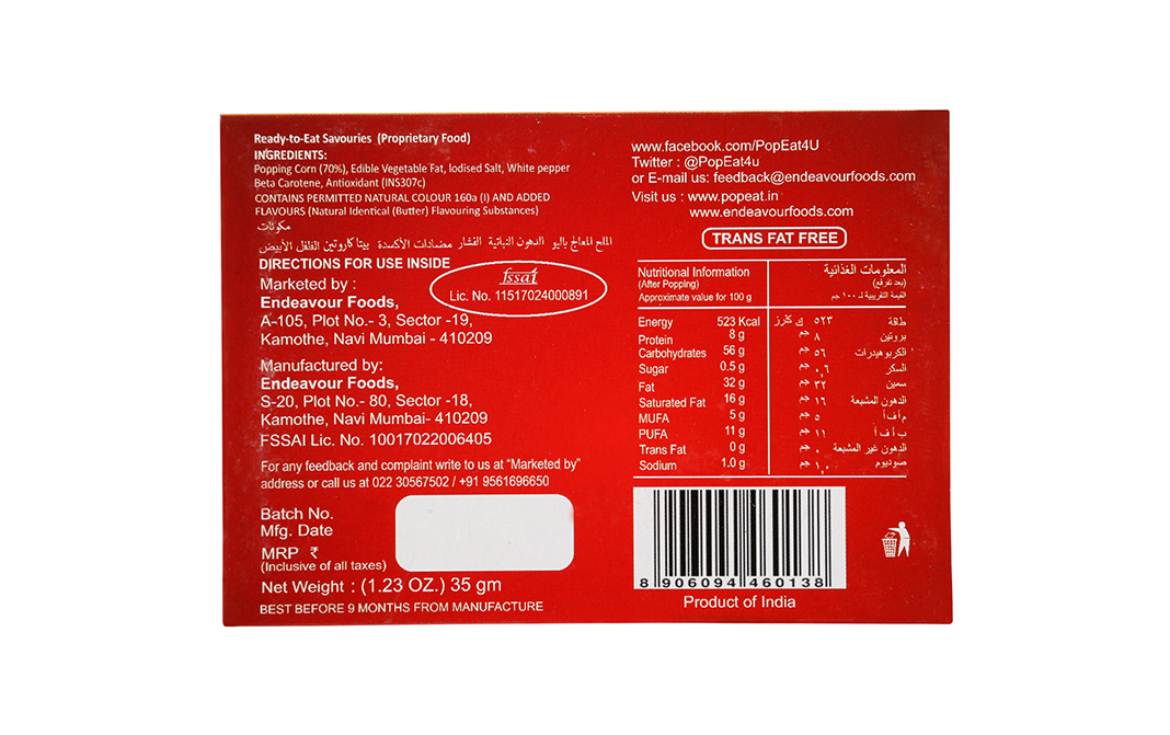 PopEat Microwave Popcorn Butter Pepper   Pack  35 grams